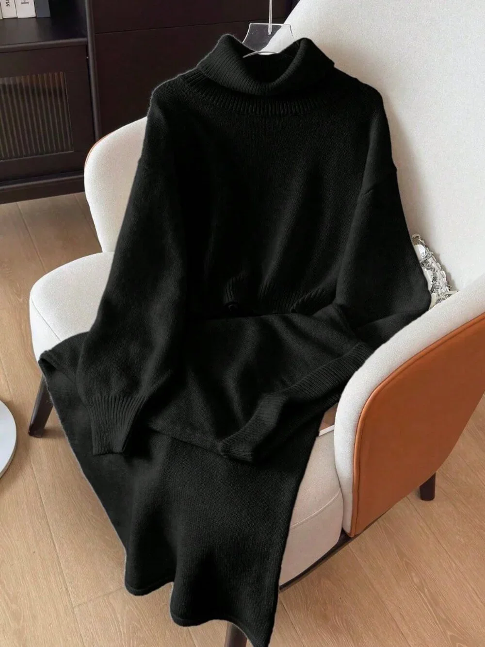 Black Casual Women's Knit Sweater & Long Skirt 2 piece coord Set